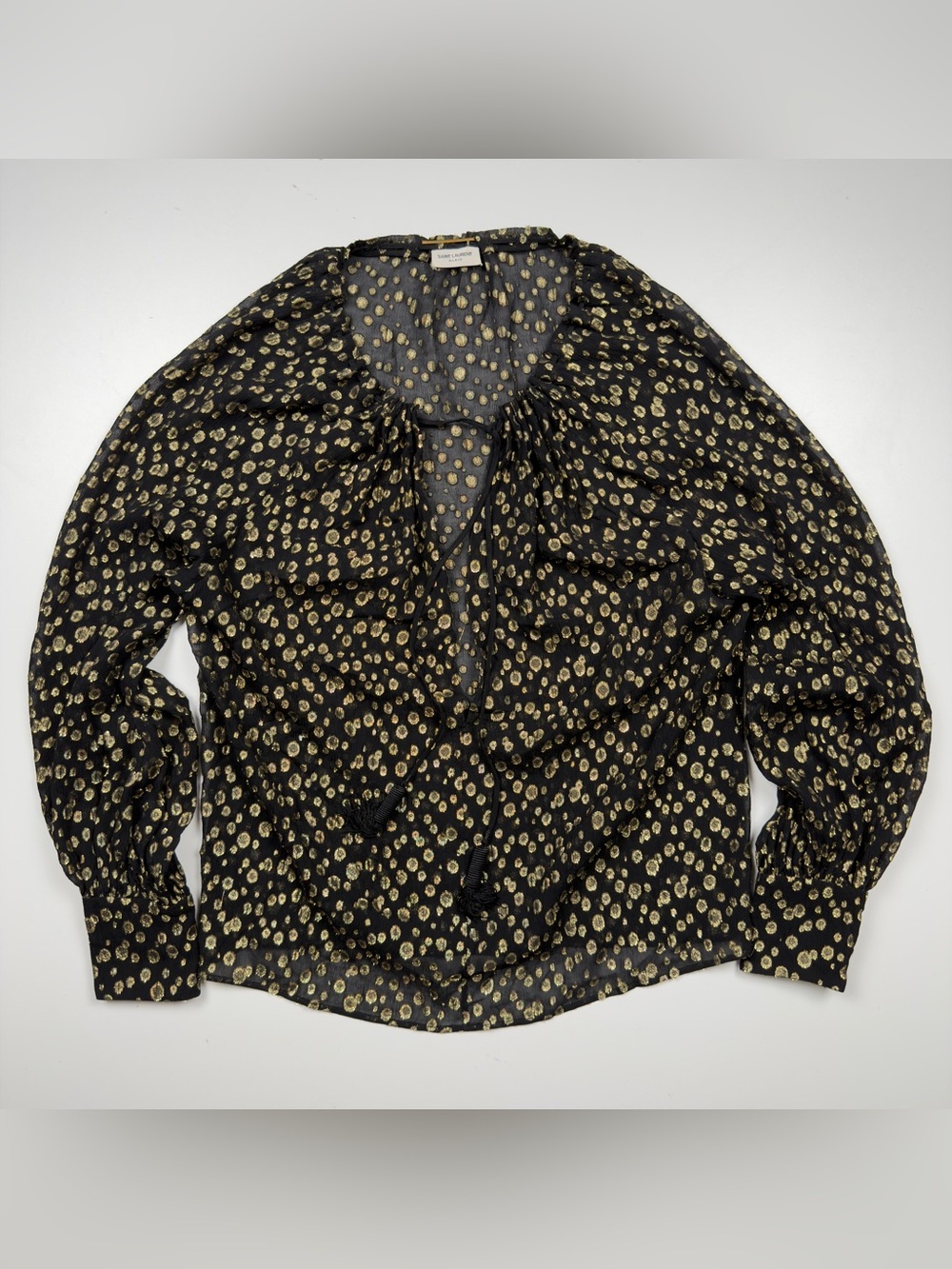 Saint Laurent Paris Silk Metallic Polyester Sheer Long Sleeve Blouse Womens 34